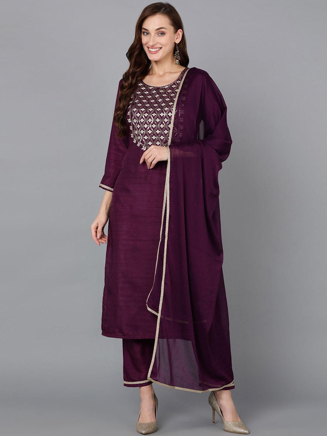 

Anouk Floral Embroidered Sequinned Straight Kurta With Trousers & Dupatta, Purple