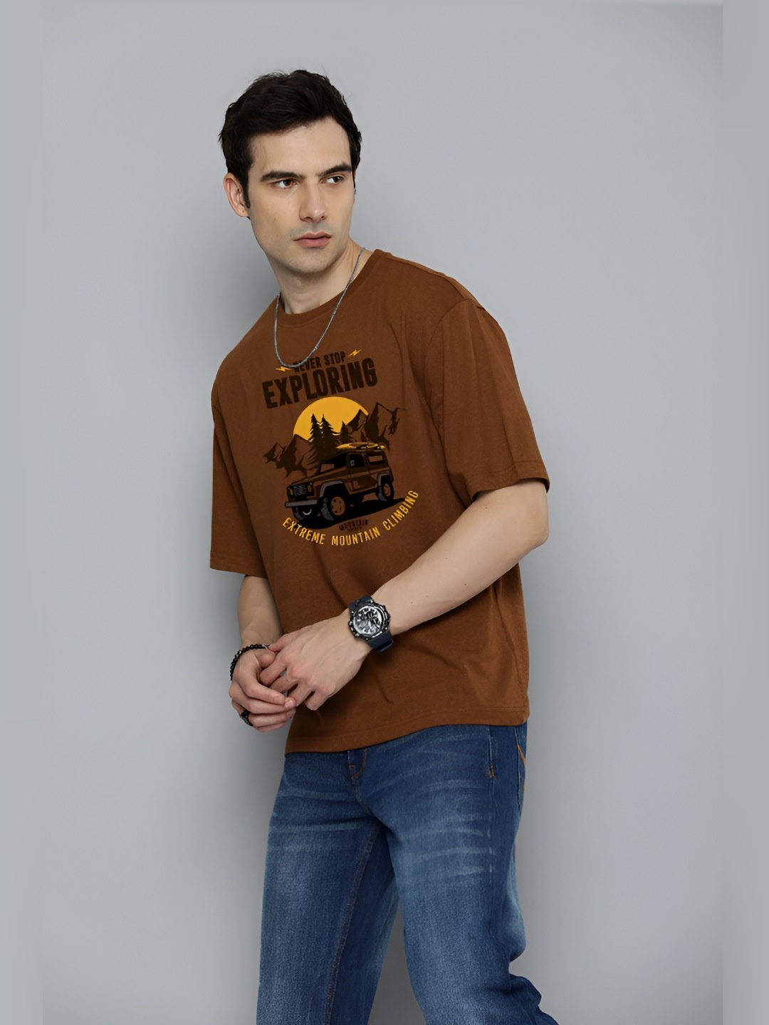 

The Roadster Lifestyle Co.Men Graphic Printed Round Neck Cotton Oversized T-Shirt, Mustard