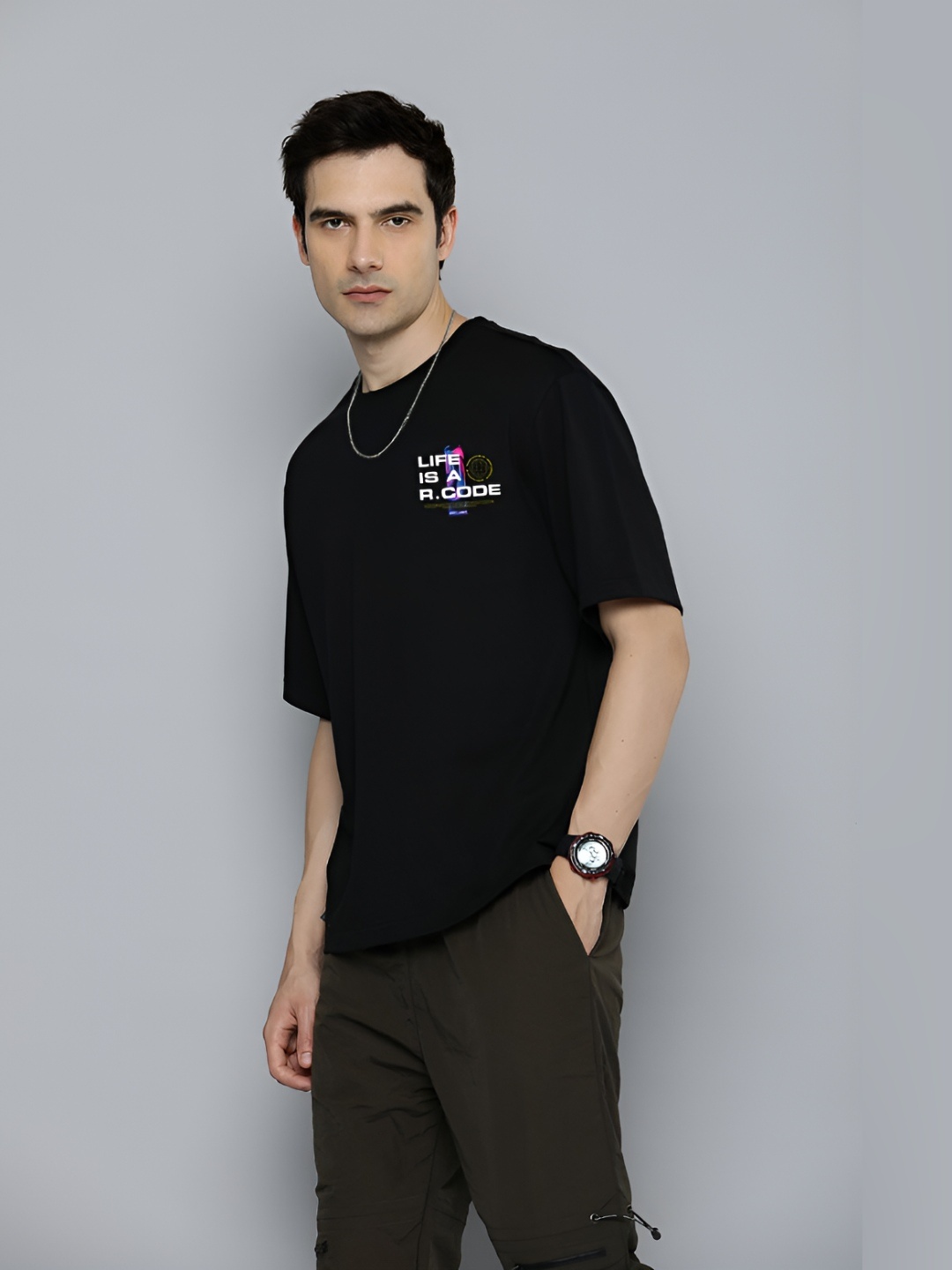 

The Roadster Lifestyle Co.Men Graphic Printed Round Neck Cotton Oversized T-Shirt, Black
