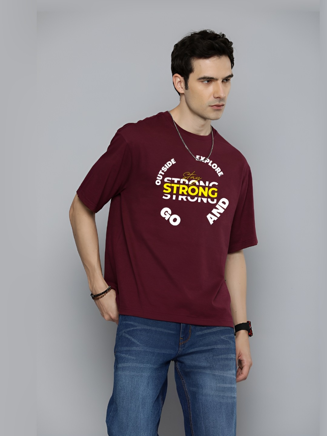 

The Roadster Lifestyle Co.Men Graphic Printed Round Neck Cotton Oversized T-Shirt, Burgundy