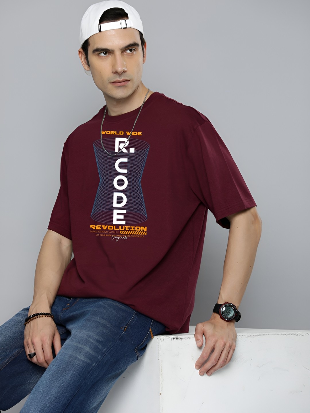 

The Roadster Lifestyle Co.Men Graphic Printed Round Neck Cotton Oversized T-Shirt, Burgundy
