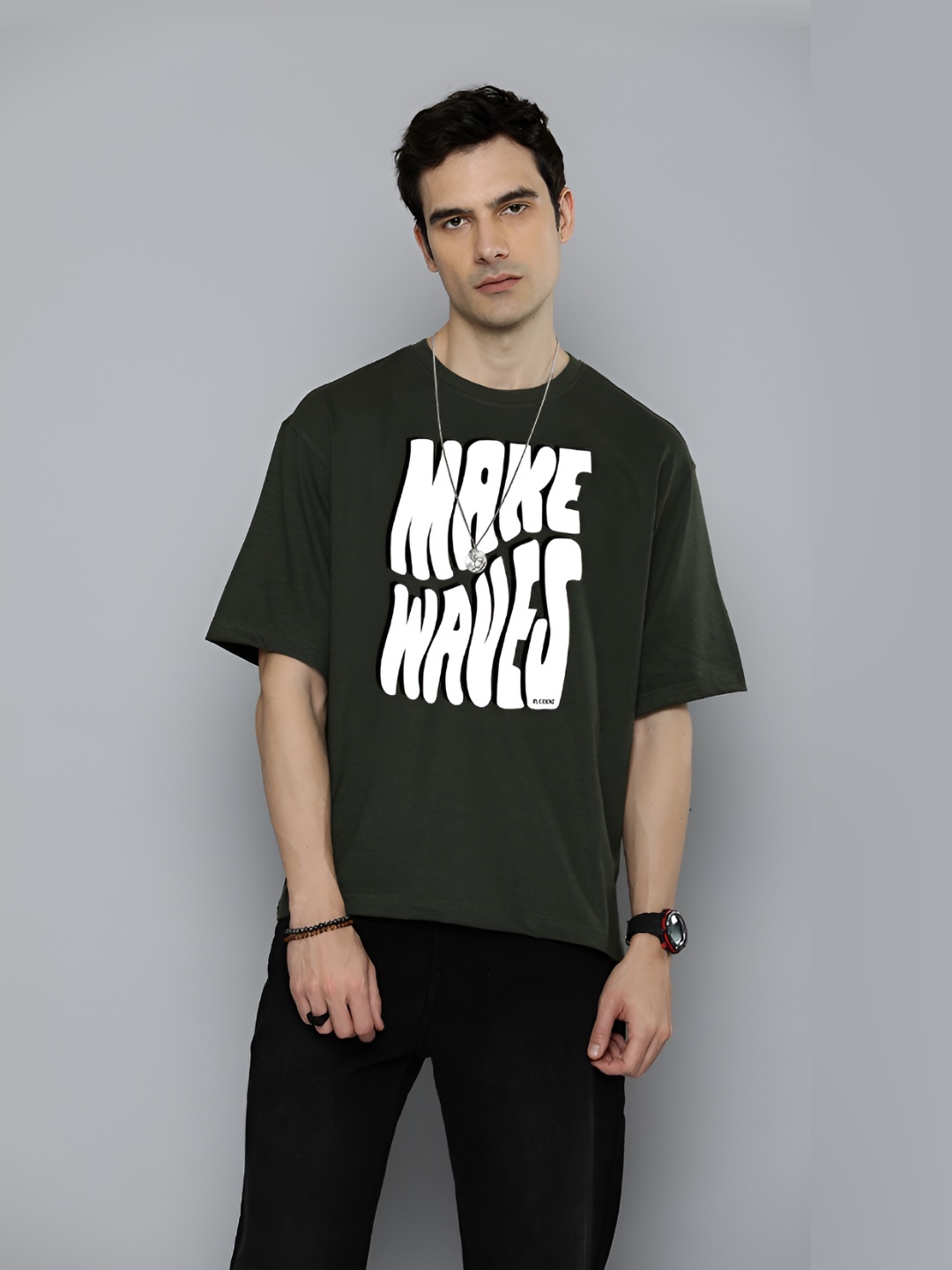 

The Roadster Lifestyle Co.Men Graphic Printed Round Neck Cotton Oversized T-Shirt, Olive
