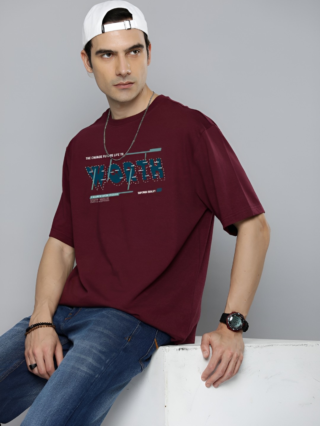 

The Roadster Lifestyle Co.Men Graphic Printed Round Neck Cotton Oversized T-Shirt, Burgundy