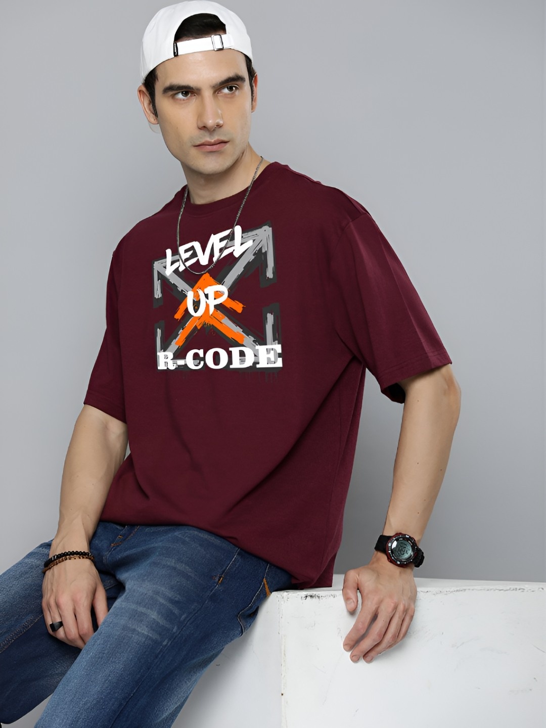 

The Roadster Lifestyle Co.Men Graphic Printed Round Neck Cotton Oversized T-Shirt, Burgundy