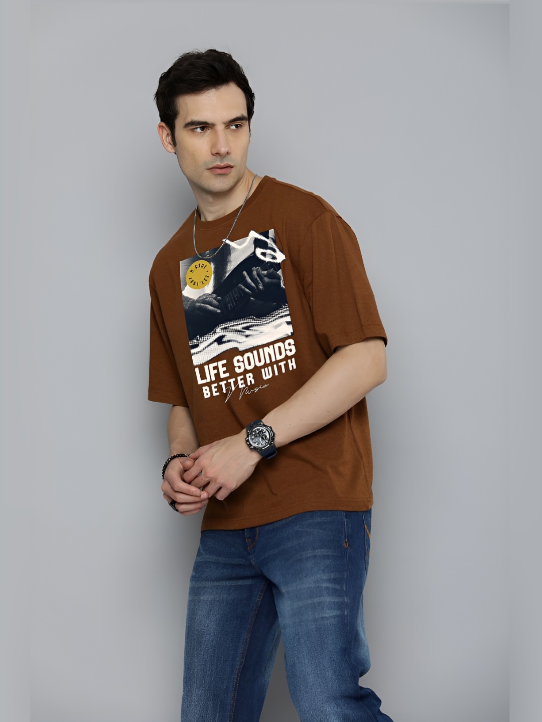 

The Roadster Lifestyle Co.Men Graphic Printed Round Neck Cotton Oversized T-Shirt, Brown