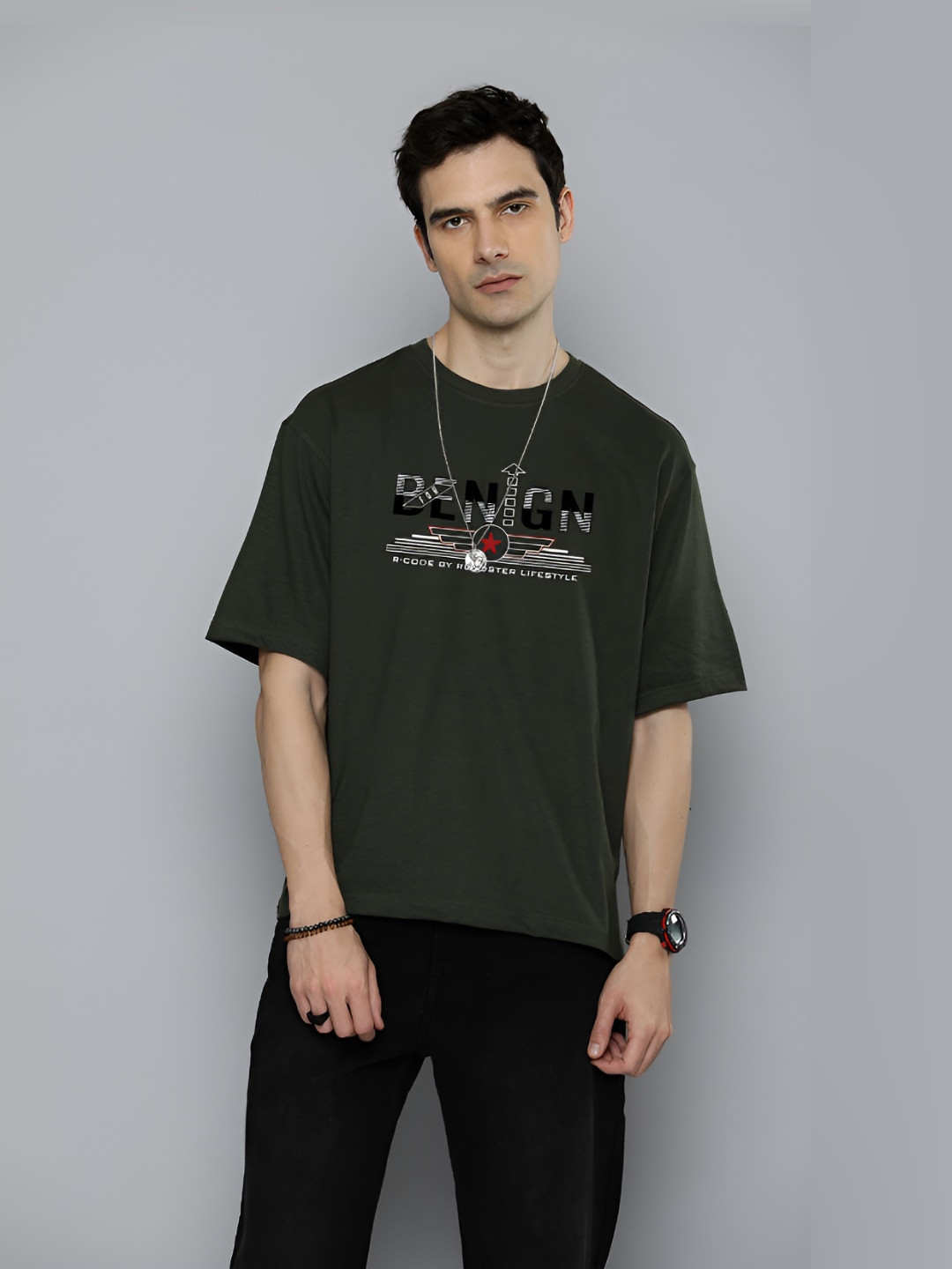 

The Roadster Lifestyle Co.Men Graphic Printed Round Neck Cotton Oversized T-Shirt, Olive