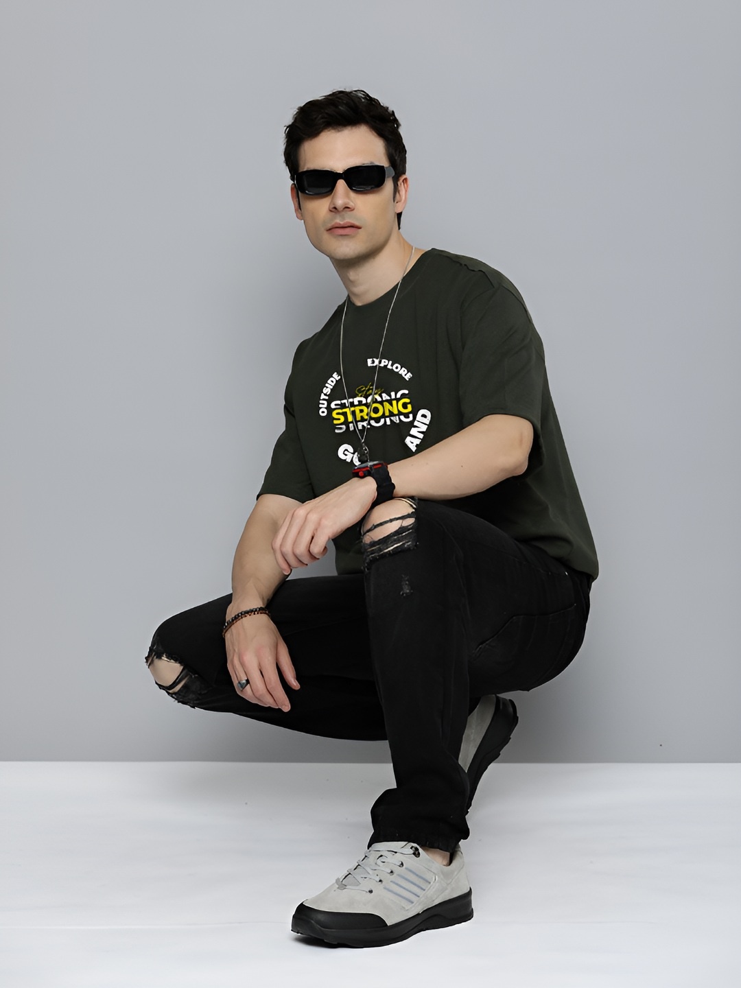 

R.Code by The Roadster Life Co. Men Typography Printed V-Neck Drop-Shoulder Sleeves Applique T-shirt, Olive