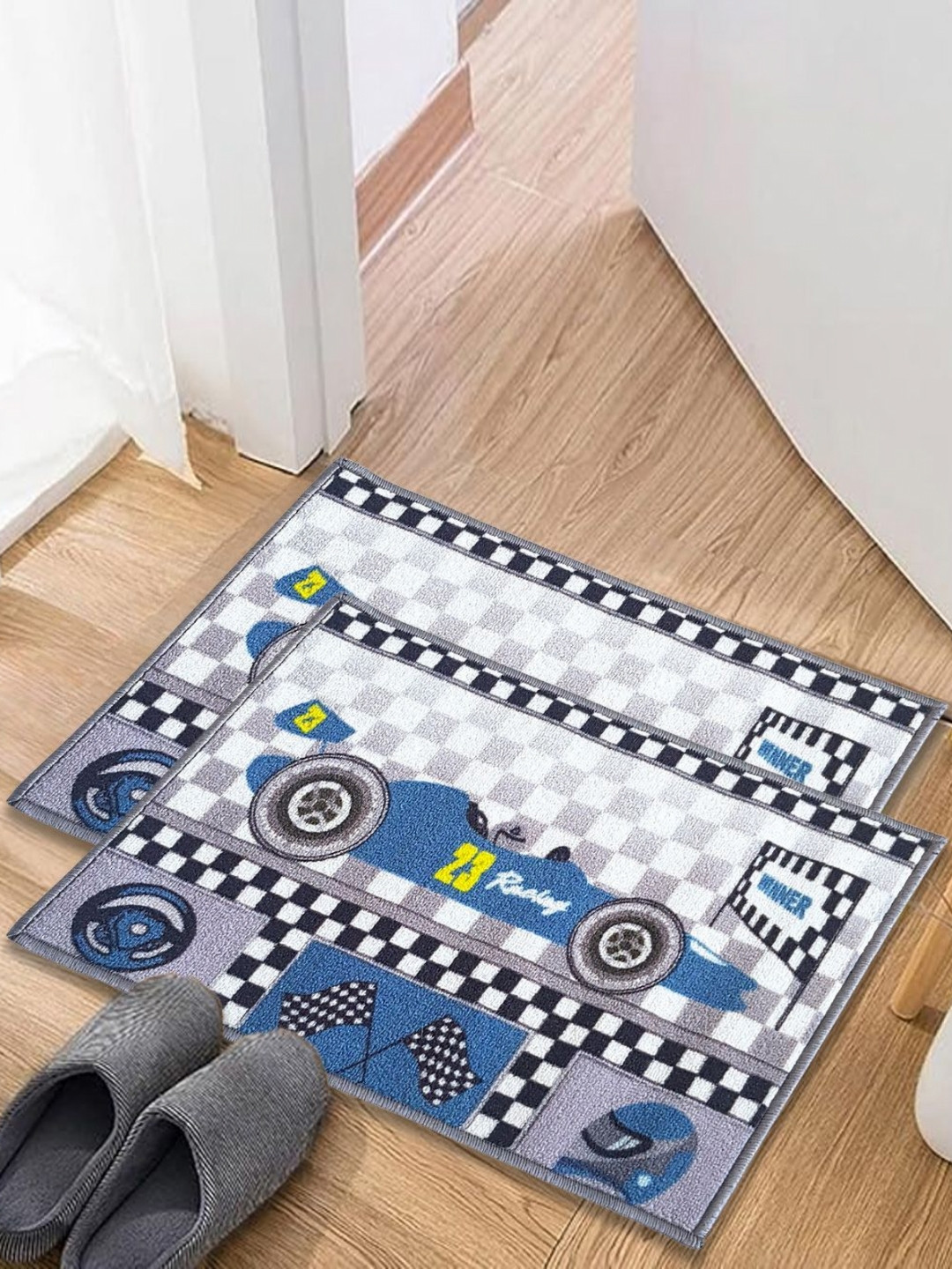

Matz and More White & Blue 2 Pieces Racing Car Printed Anti-Skid Doormats