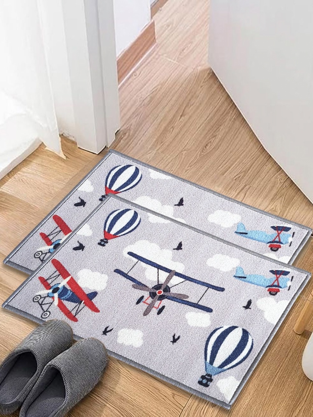 

Matz and More White & Blue 2 Pieces Printed Anti-Skid Doormat, Grey