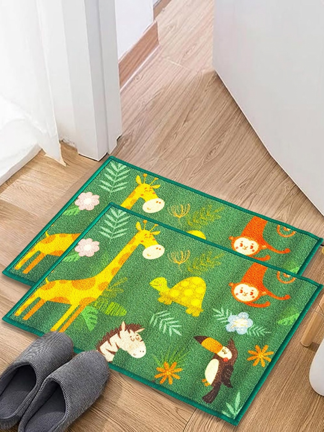 

Matz and More Green & Yellow 2 Pieces Animals Jungle Printed Anti-Skid Doormats