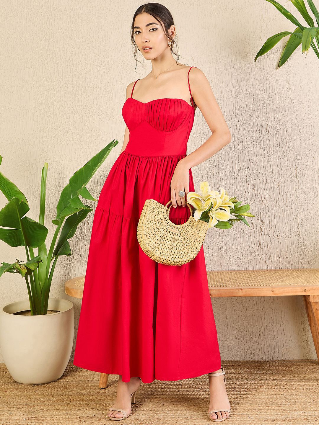 

Uptownie Corset Style Cotton Poplin Midi Dress, Red