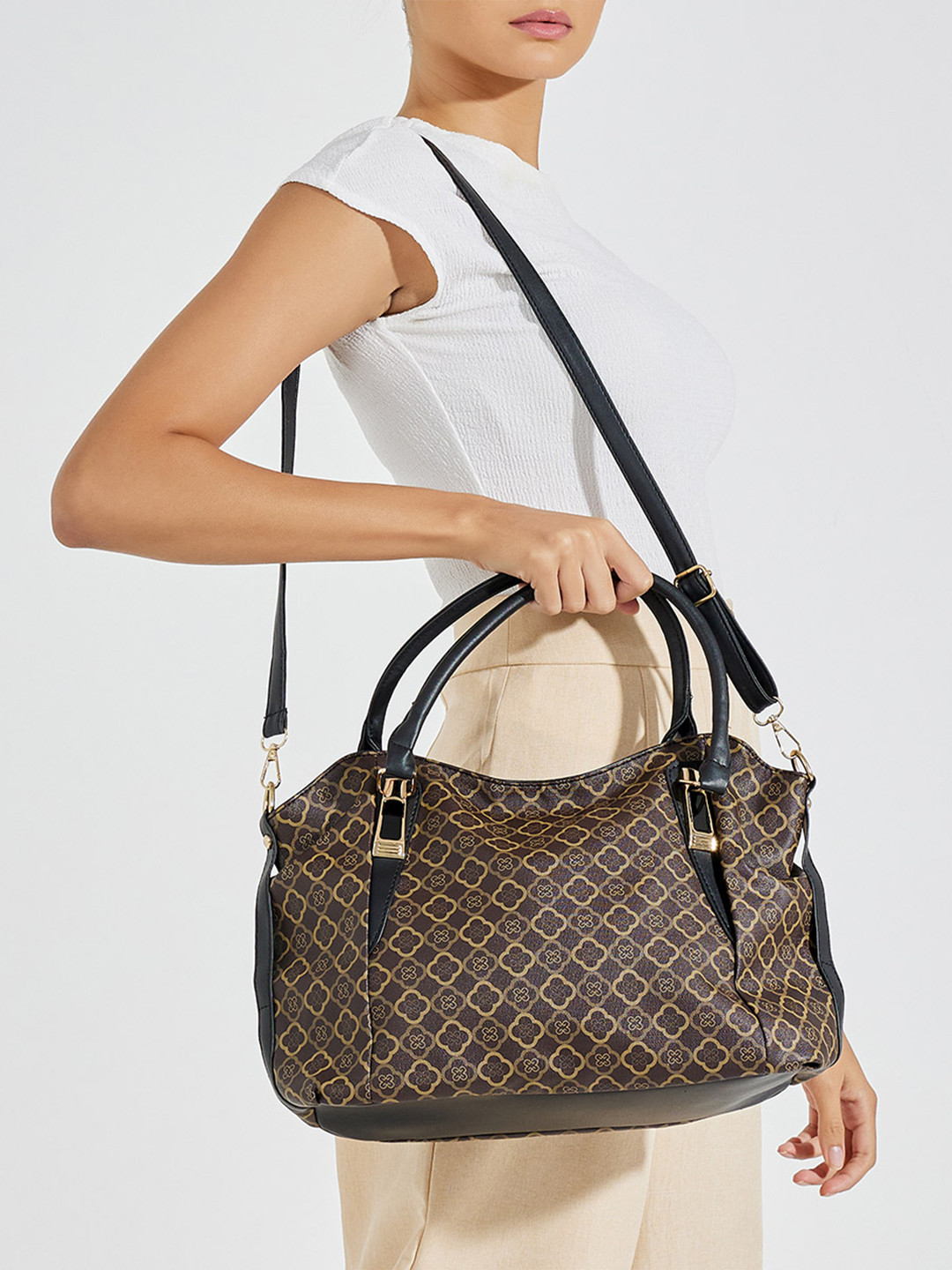 

Styli Geometric Printed Textured Oversized Structured Shoulder Bag, Brown
