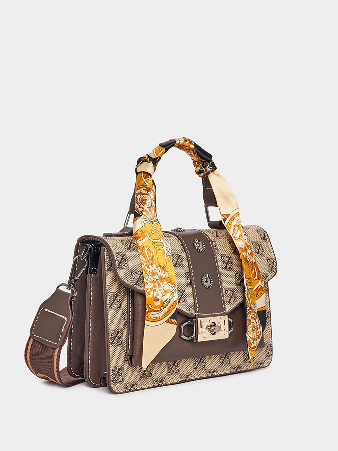 

Styli Women Geometric Printed Handheld Bag With Scarf, Brown