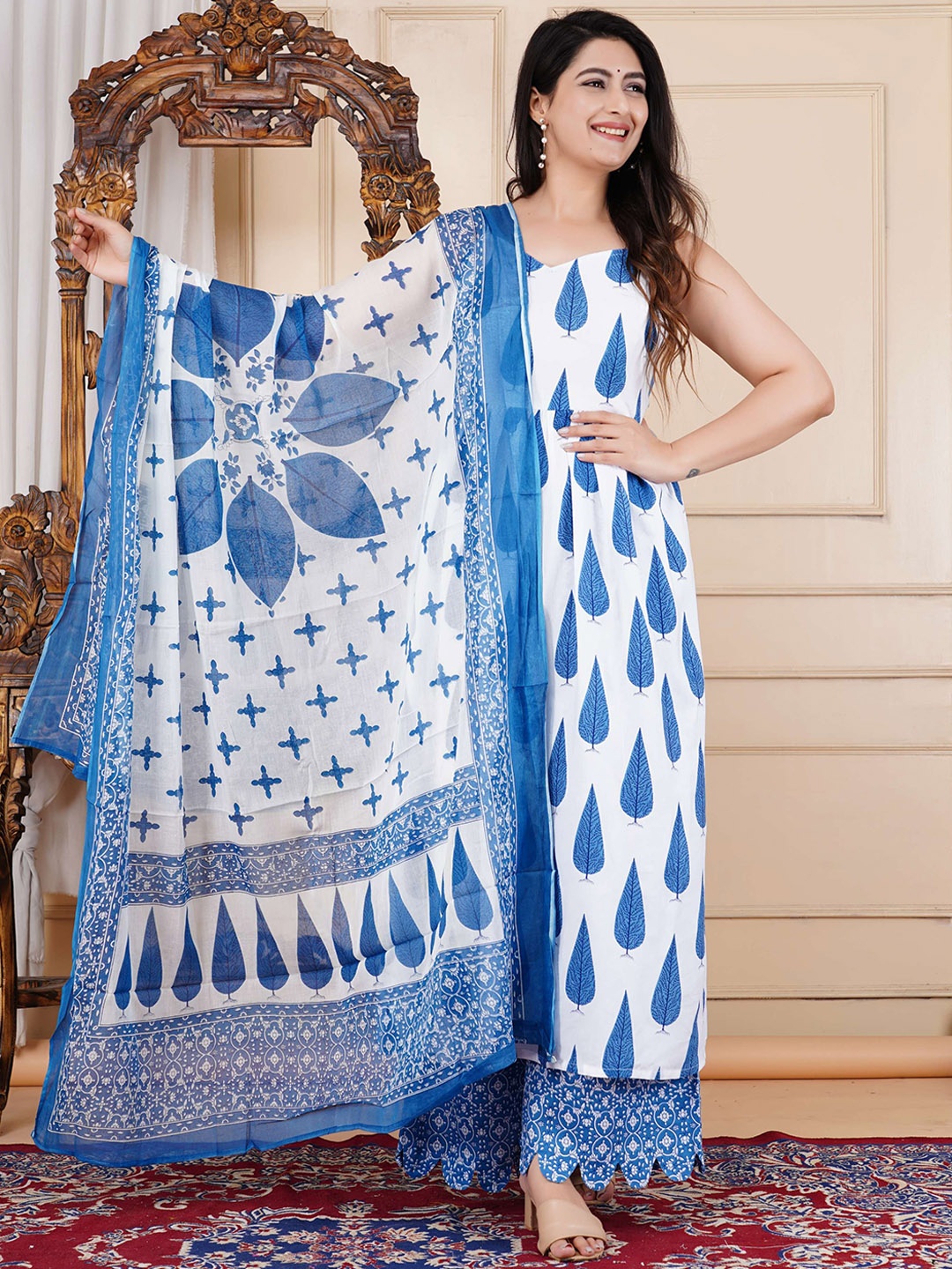 

DSS FASHION Floral Printed Shoulder Straps Pure Cotton Anarkali Kurta & Palazzo & Dupatta, Blue