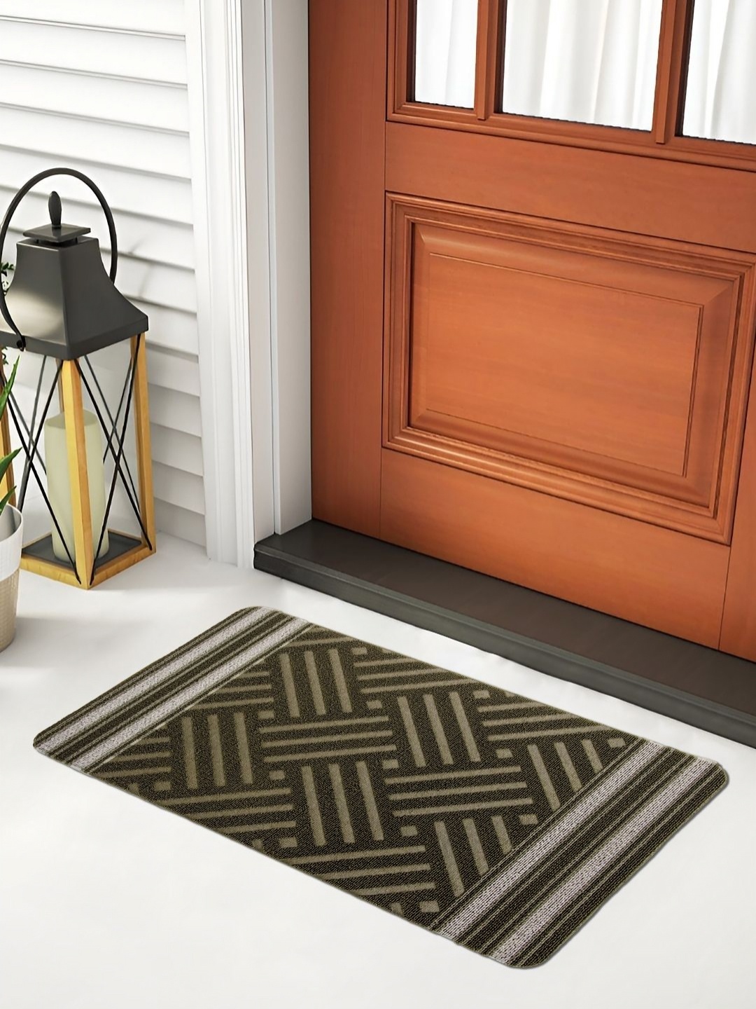 

FABINALIV Olive Green & White Geometric Anti Skid Doormat