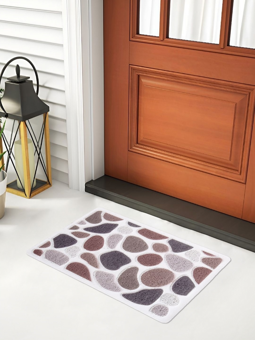 FABINALIV White & Brown Printed Anti Skid Doormat