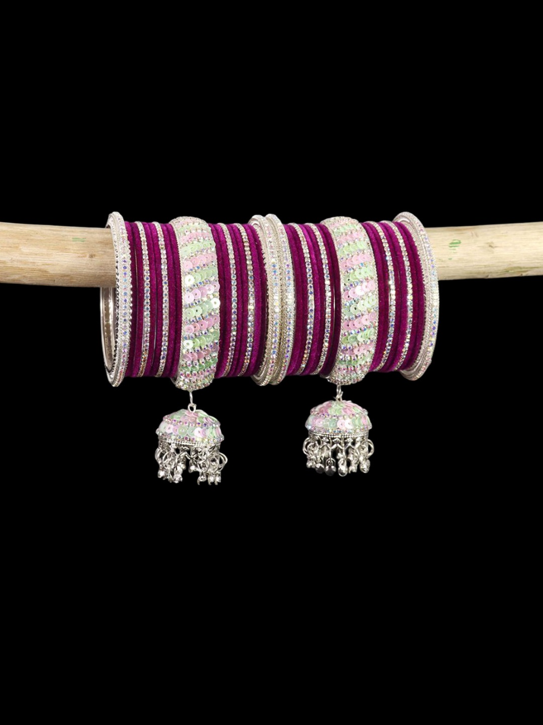 

NMII Set Of 38 Zircon Stone Jhumka Latkan Bangles, Purple