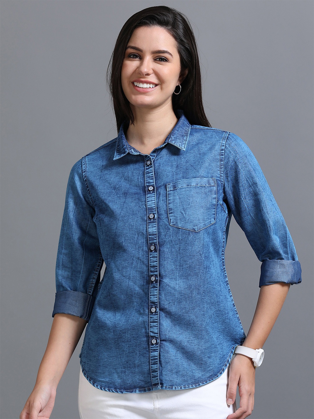 

CAZZBA Women Faded Opaque Faded Casual Shirt, Blue