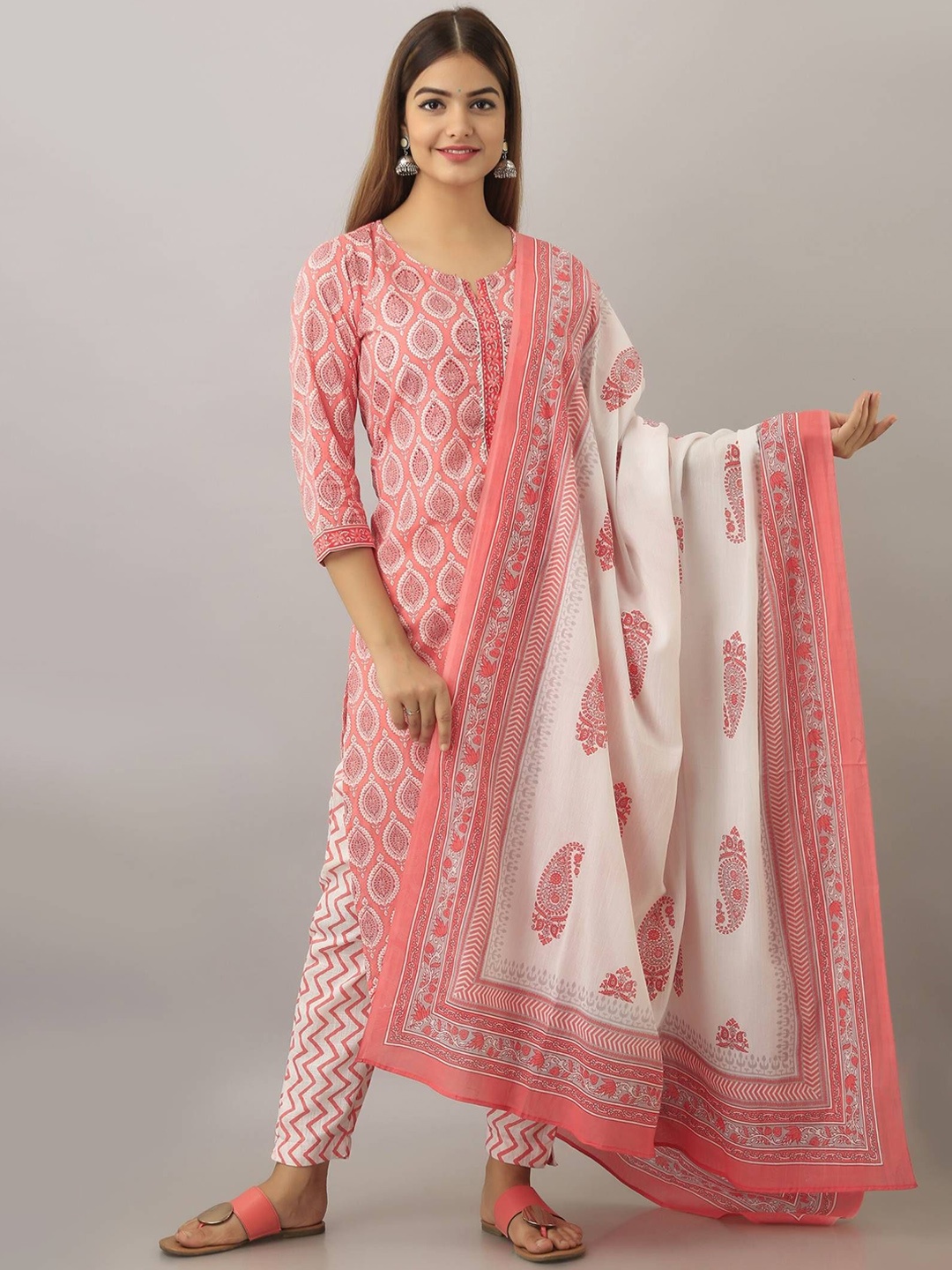 

P3D CREATION Ethnic Motifs Printed Organic Cotton Straight Kurta with Trousers & Dupatta, Peach