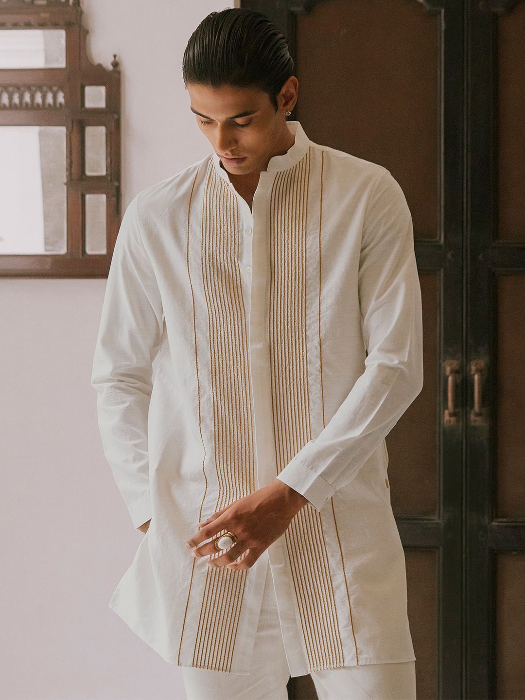 

Andamen Striped Mandarin Collar Cotton Kurta, Off white