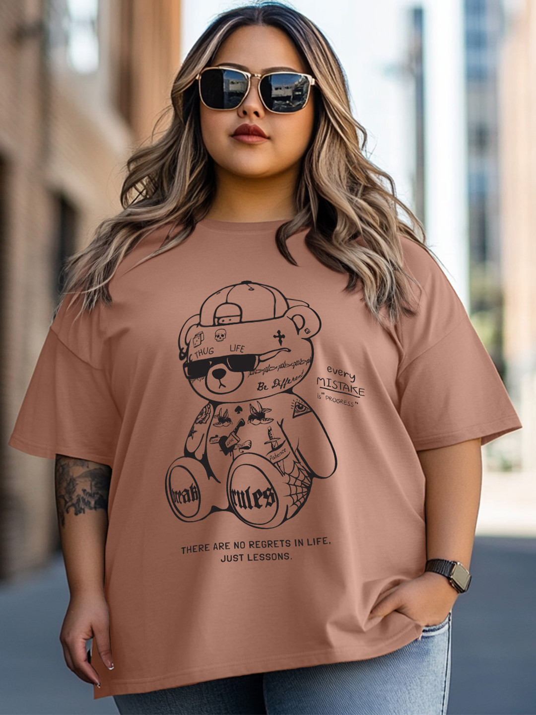 

JUNEBERRY Women Printed Round Neck Pure Cotton Plus Size Oversized Tshirt, Brown