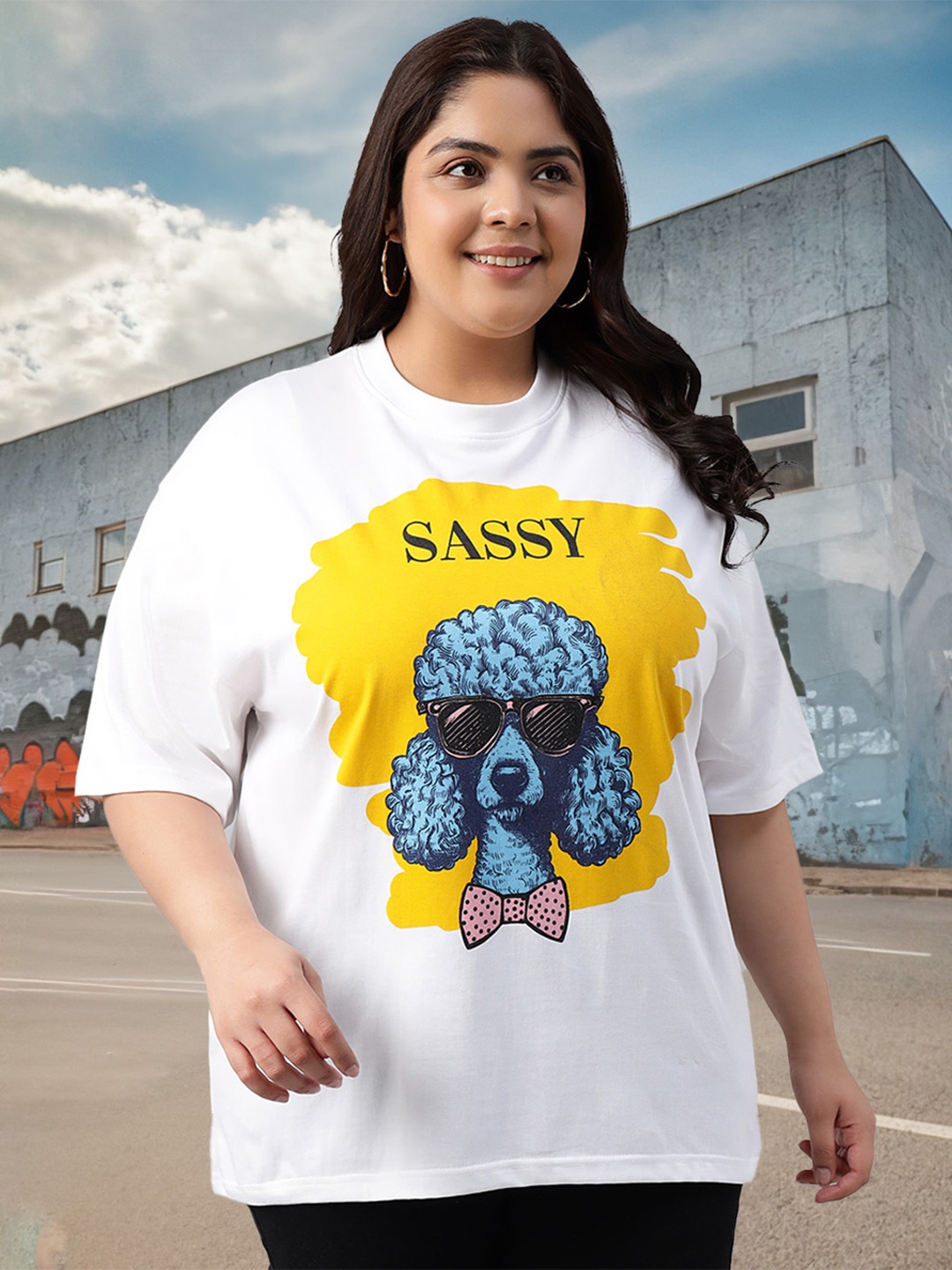 

JUNEBERRY Women Printed Round Neck Pure Cotton Plus Size Oversized Tshirt, White