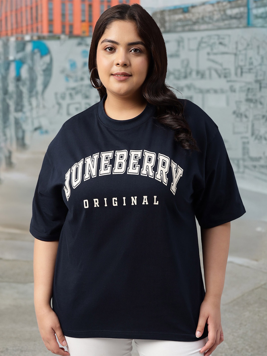 

JUNEBERRY Women Printed Round Neck Pure Cotton Plus Size Oversized Tshirt, Navy blue