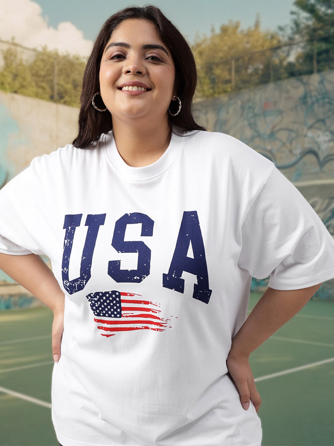 

JUNEBERRY Women Printed Round Neck Pure Cotton Plus Size Tshirt, White