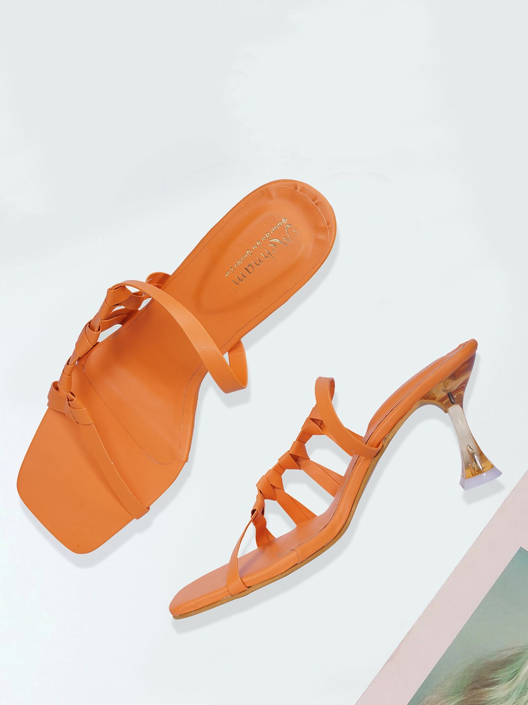 

MEHNAM Women Open Toe Leather Block Sandals, Orange