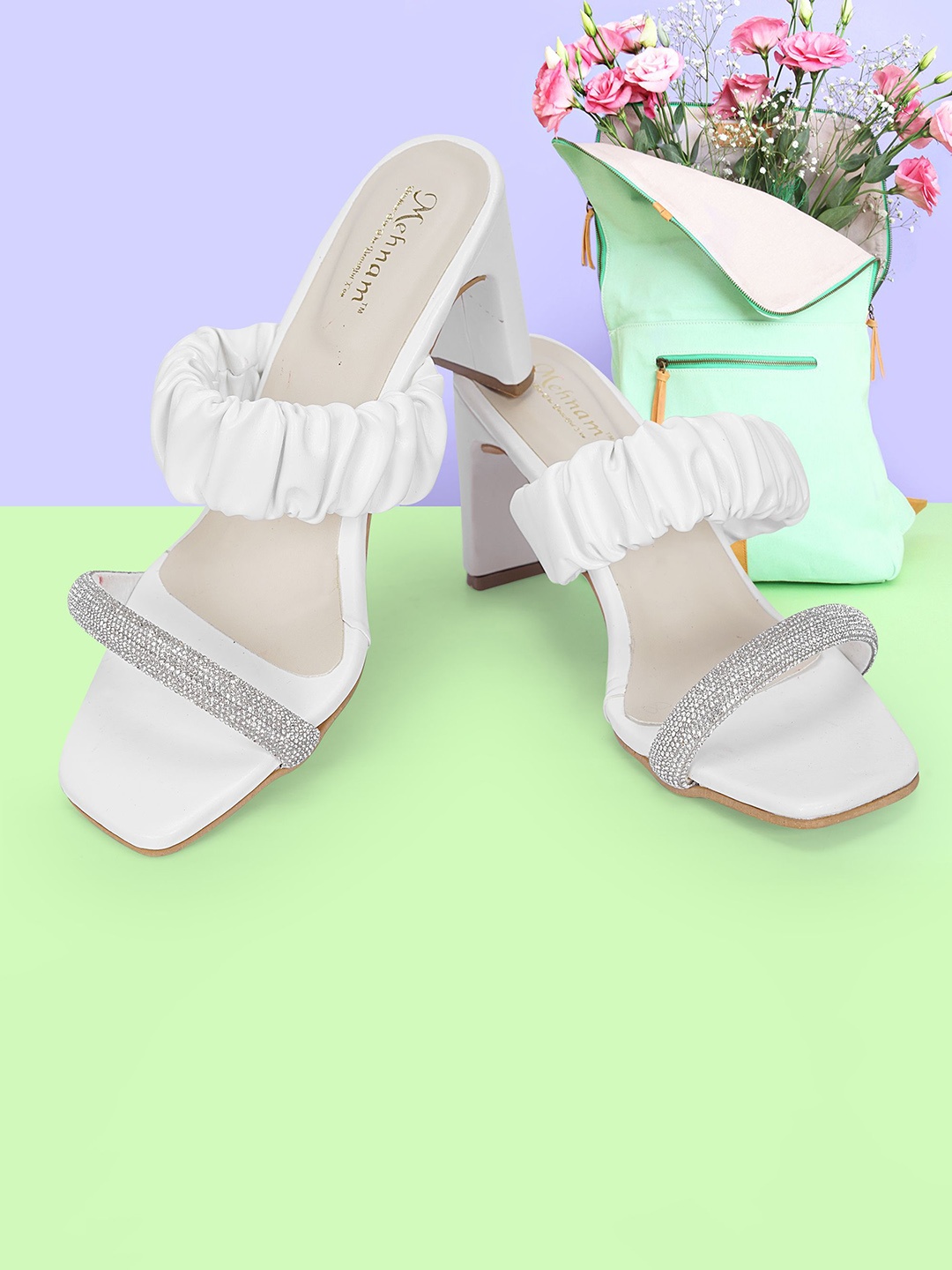 

MEHNAM Women Embellished Open Toe Leather Block Sandals, Off white