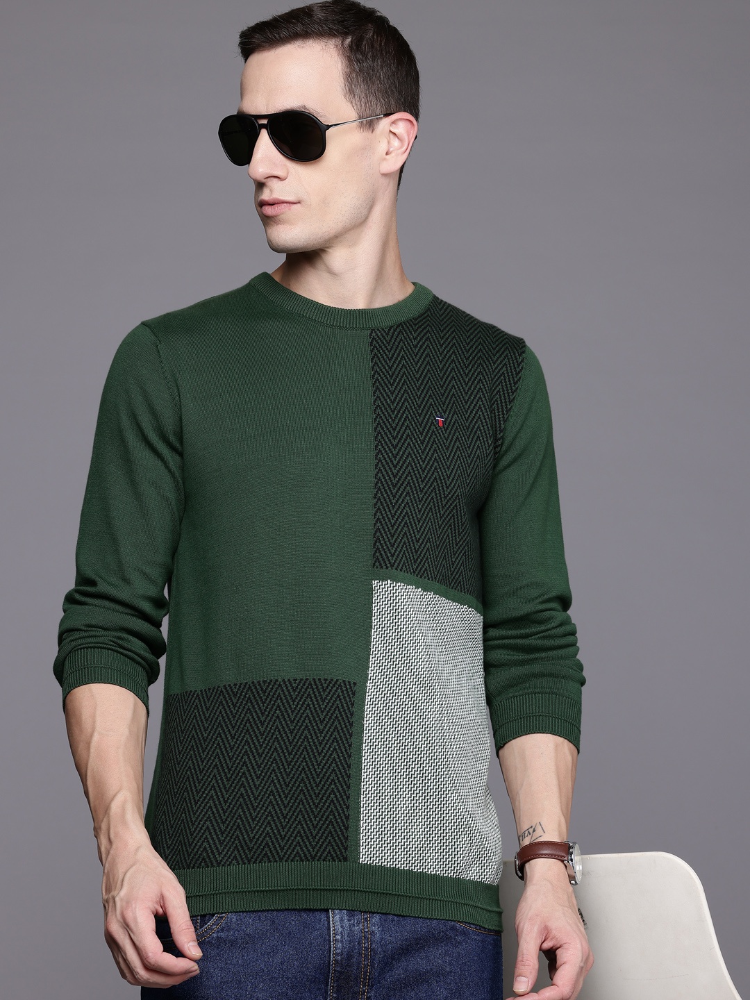 

Louis Philippe Sport Geometric Pure Cotton Pullover, Olive