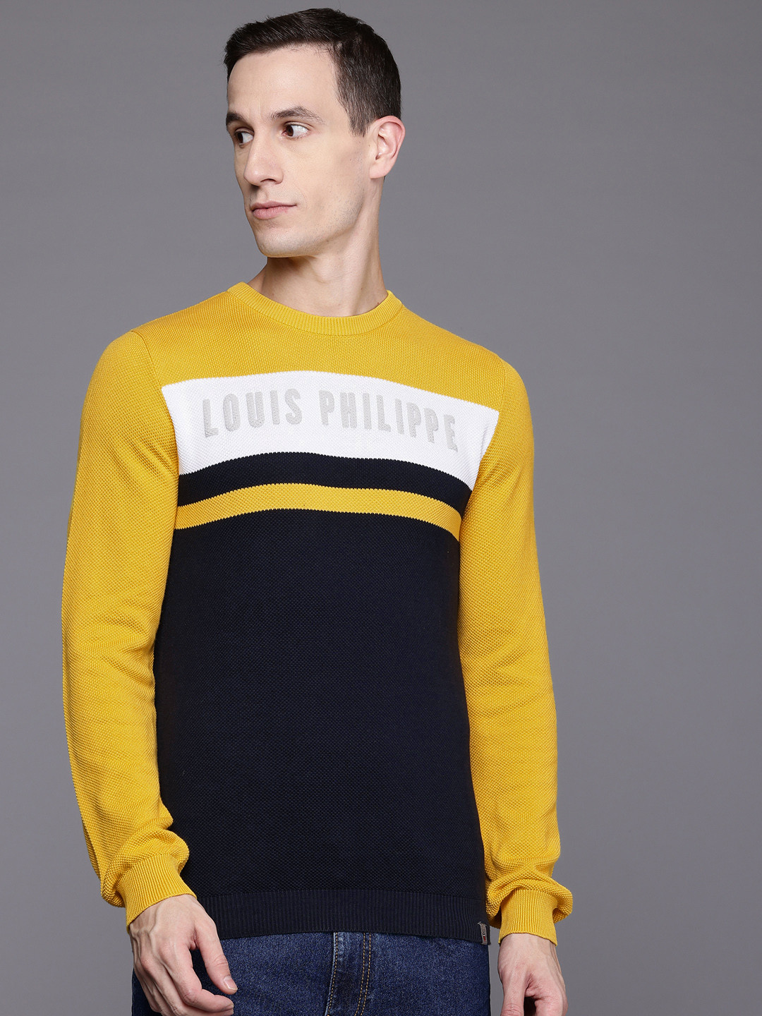 

Louis Philippe Sport Colourblocked Pure Cotton Pullover, Yellow