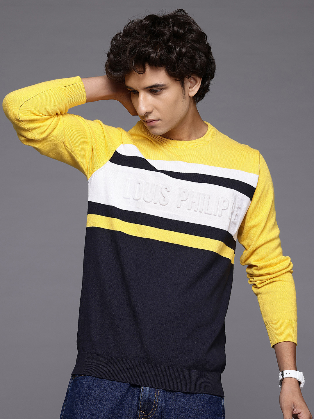 

Louis Philippe Sport Striped Pure Cotton Pullover, Navy blue