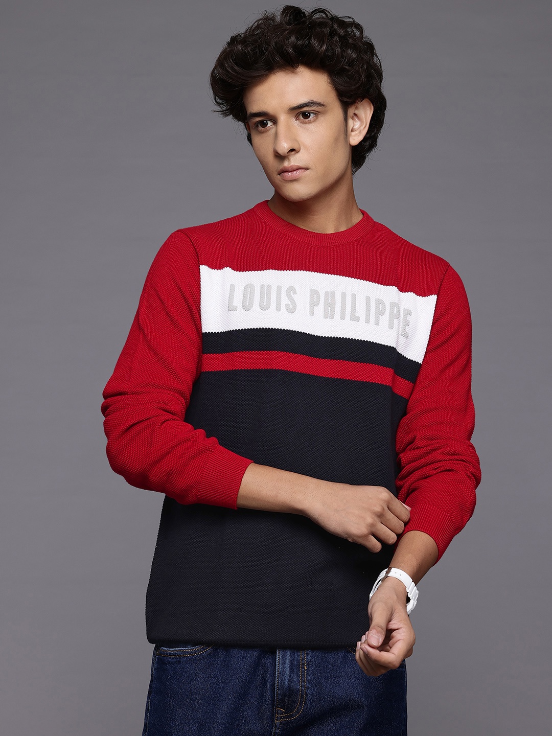 

Louis Philippe Sport Striped Pure Cotton Pullover, Red