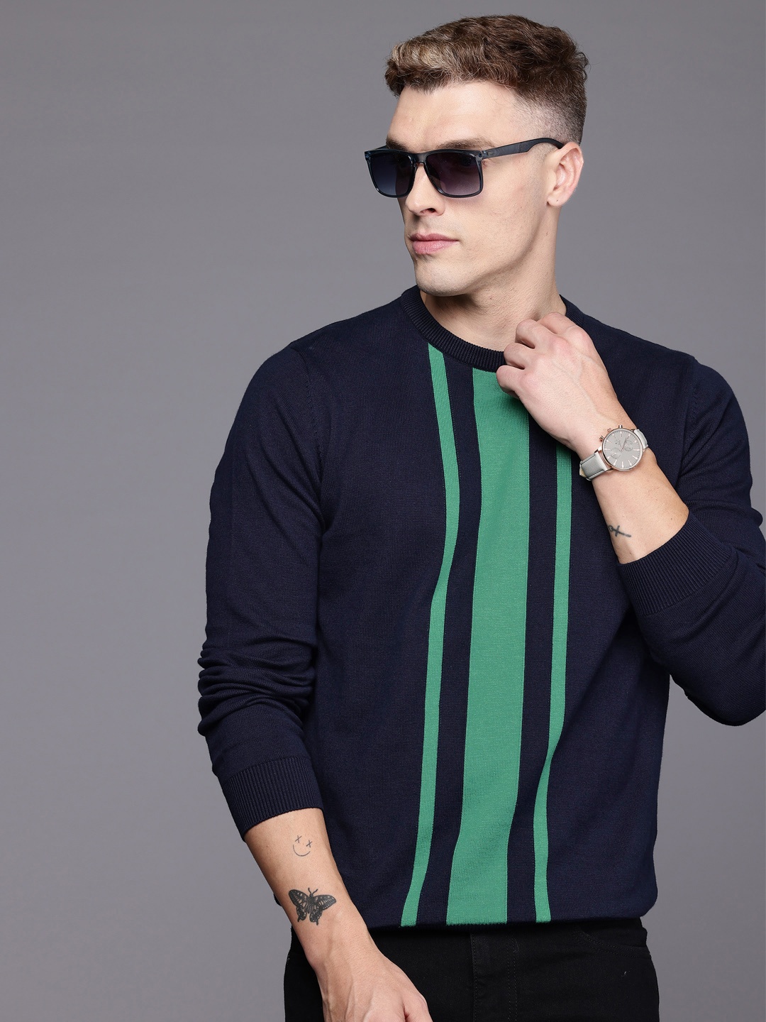 

Louis Philippe Sport Striped Pure Cotton Pullover, Navy blue