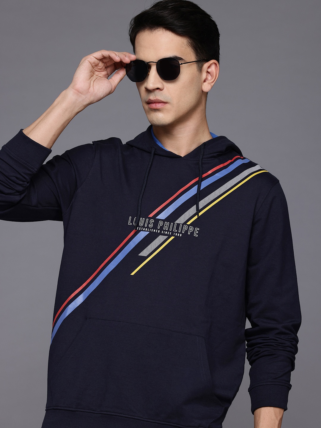 

Louis Philippe Sport Striped Hooded Sweatshirt, Navy blue