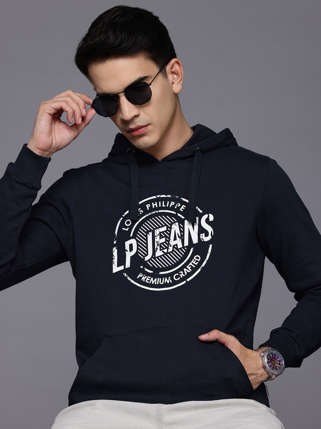 

Louis Philippe Jeans Printed Hooded Sweatshirt, Navy blue