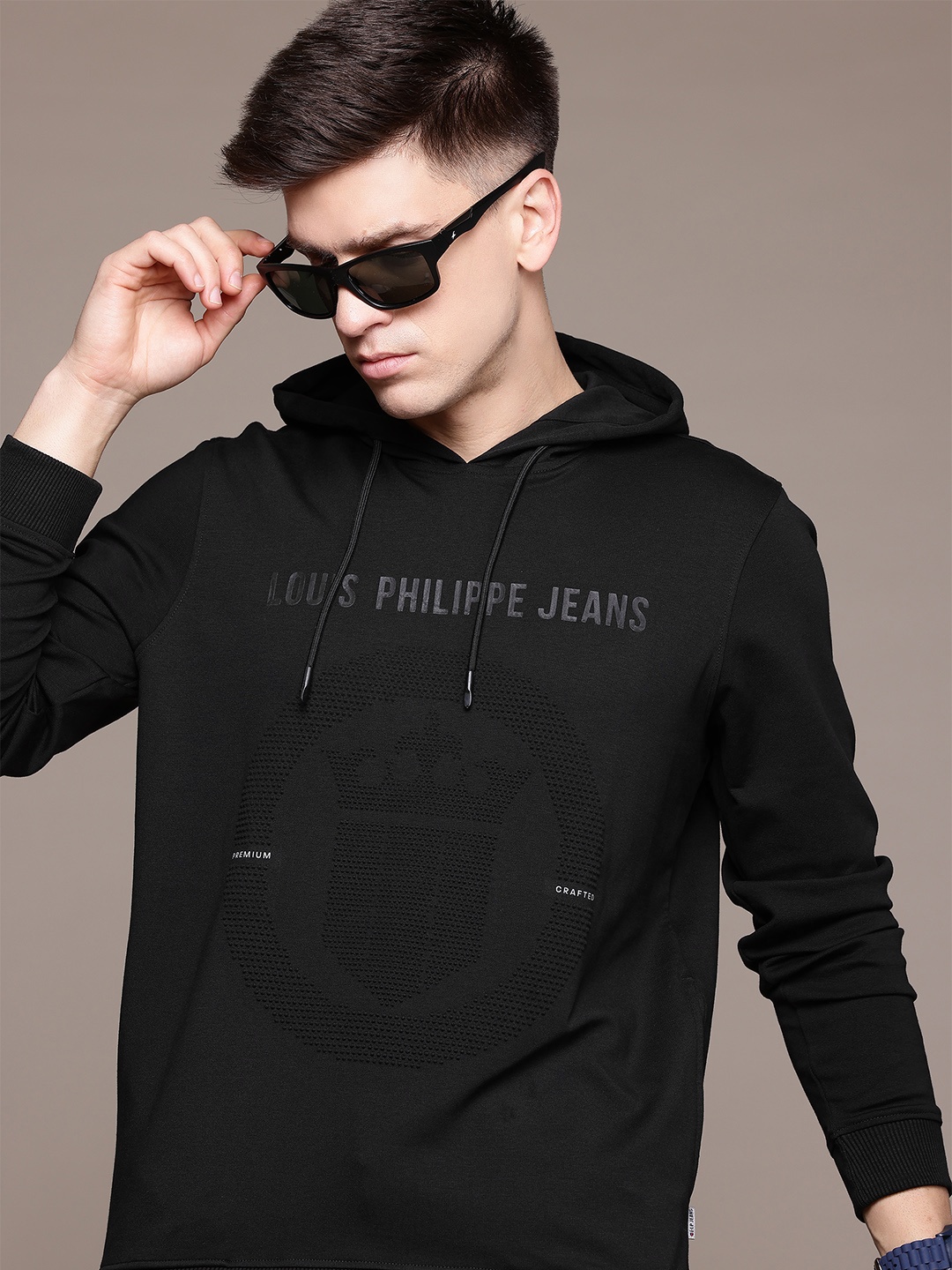 

Louis Philippe Jeans Self Design Hooded Sweatshirt, Black