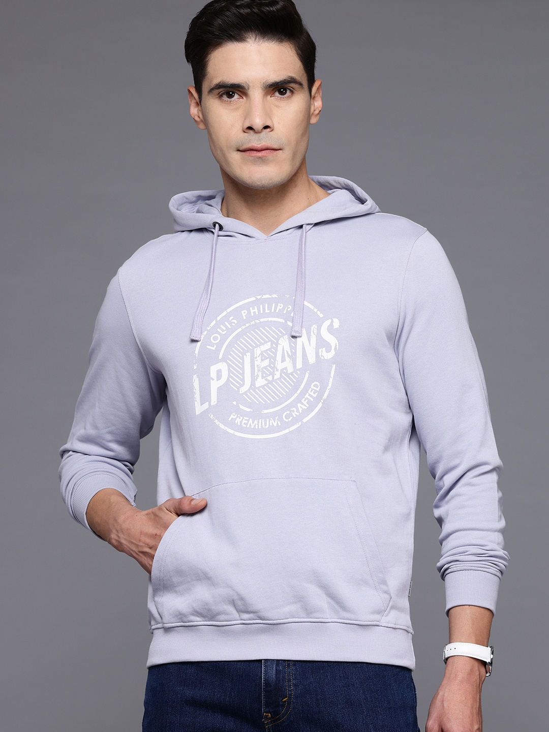 

Louis Philippe Jeans Printed Hooded Sweatshirt, Grey