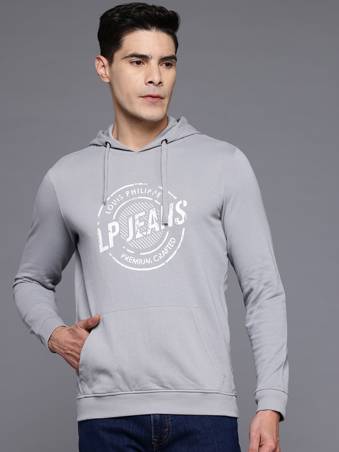 

Louis Philippe Jeans Printed Hooded Sweatshirt, Grey