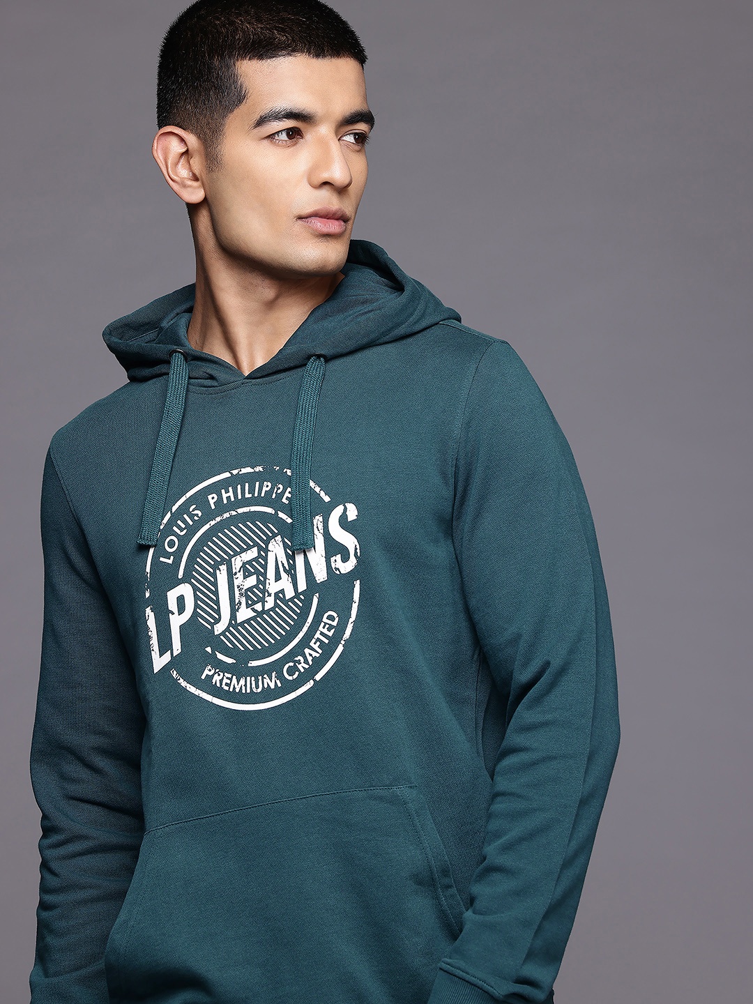 

Louis Philippe Jeans Typography Print Pure Cotton Hooded Sweatshirt, Teal