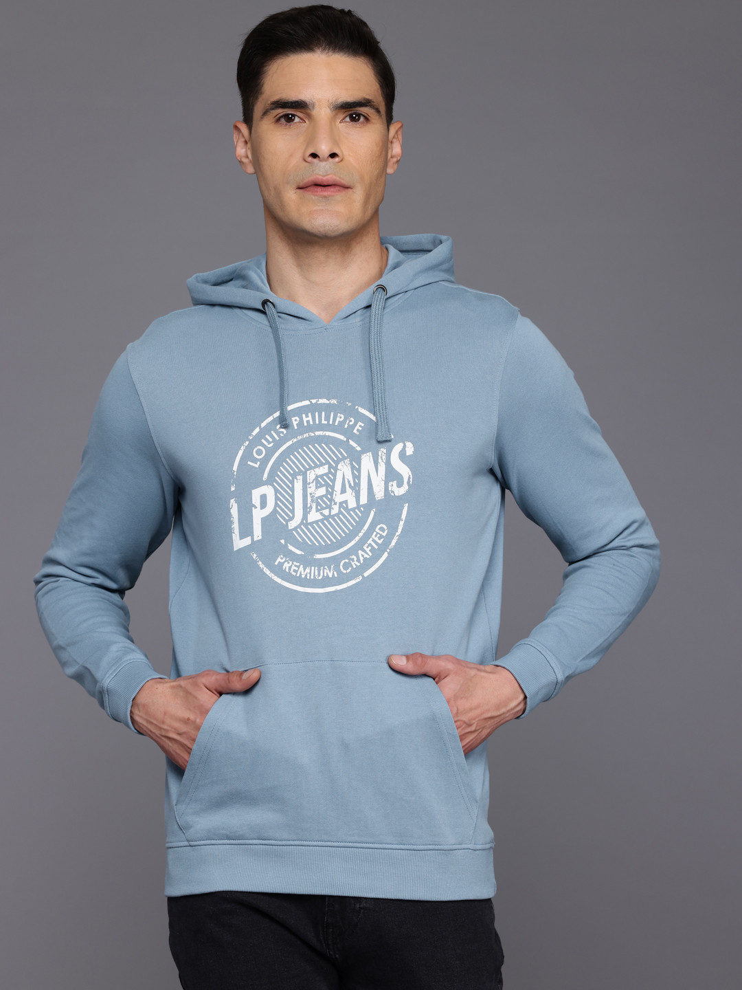 

Louis Philippe Jeans Printed Hooded Pure Cotton Sweatshirt, Blue