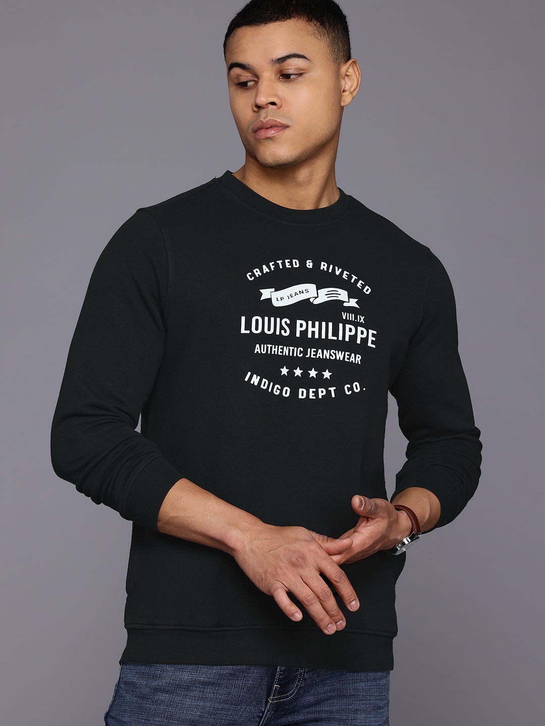 

Louis Philippe Jeans Men Printed Pure Cotton Sweatshirt, Black