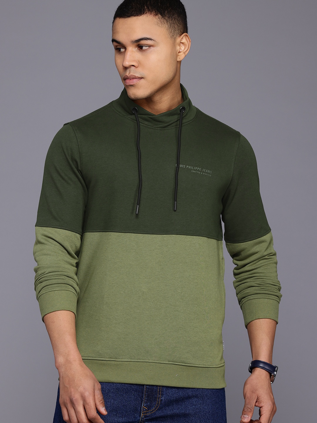 

Louis Philippe Jeans Men Colourblocked Sweatshirt, Olive
