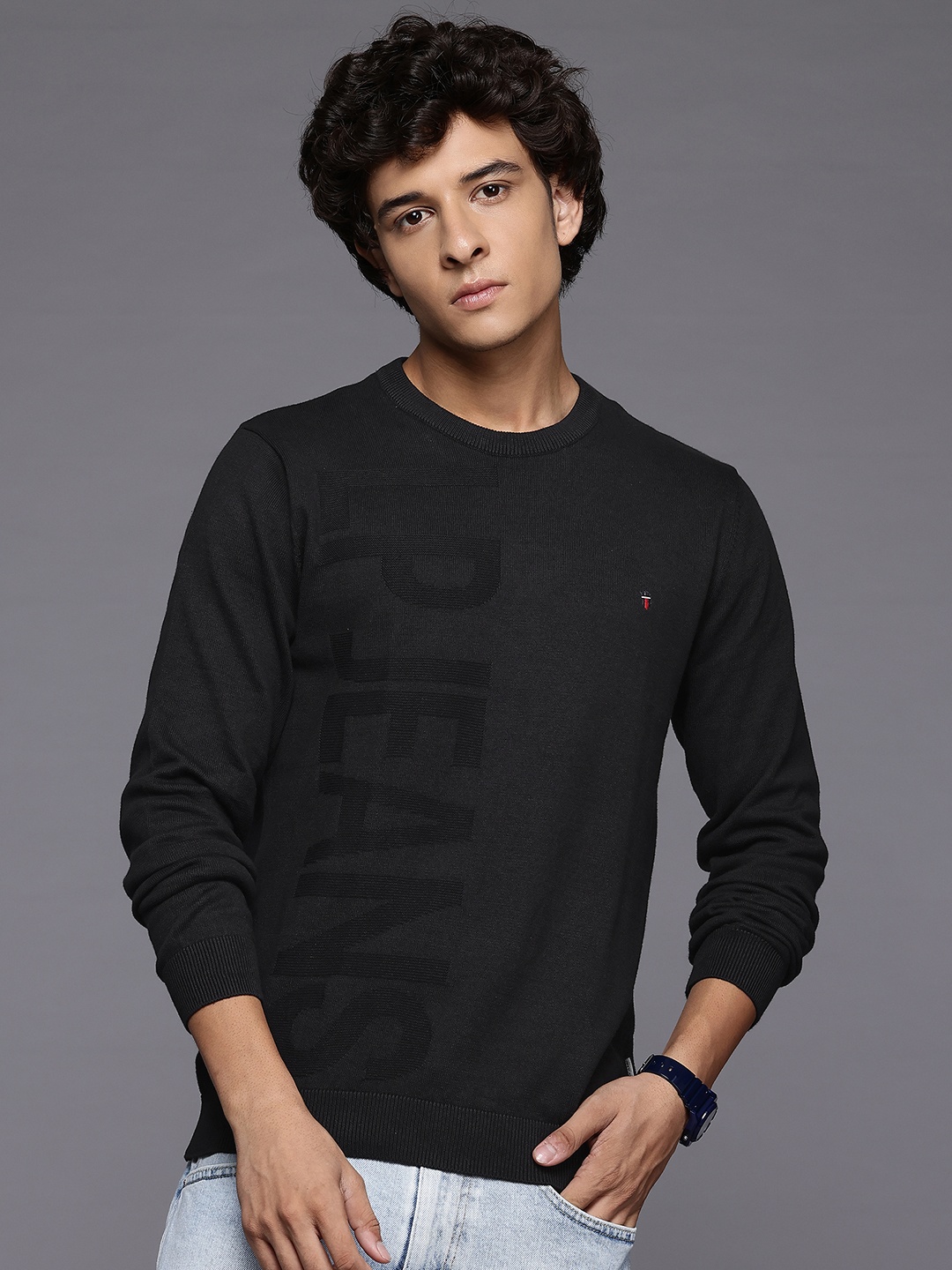 

Louis Philippe Jeans Typography Pure Cotton Pullover, Black