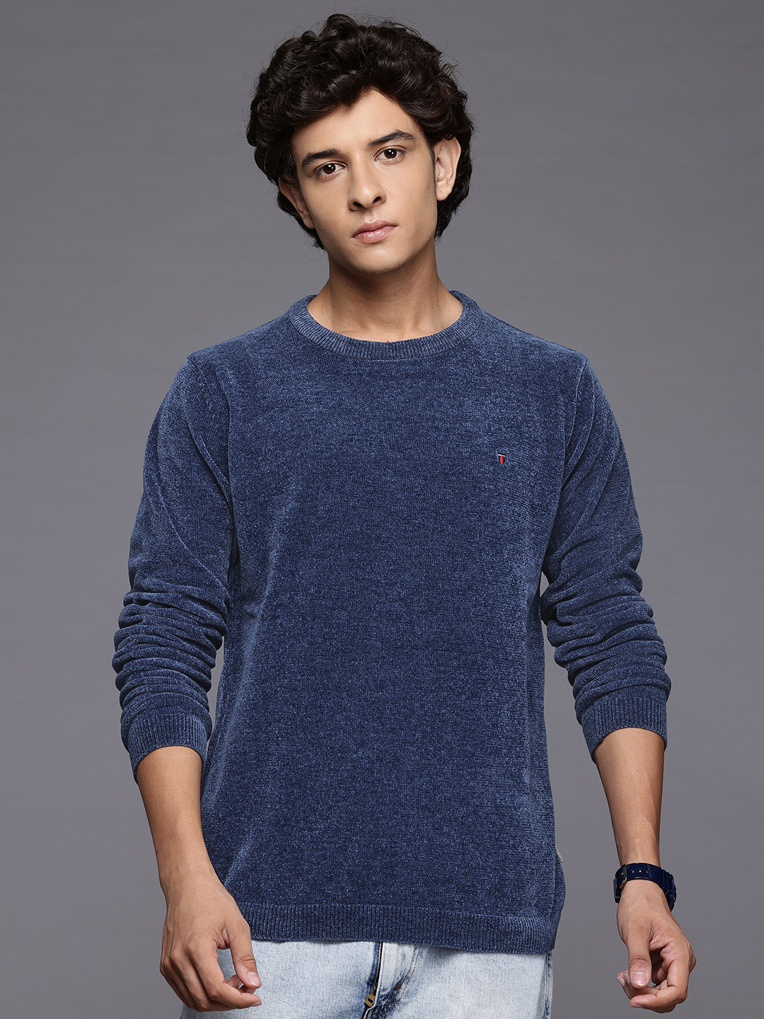 

Louis Philippe Jeans Round Neck Velour Pullover, Navy blue