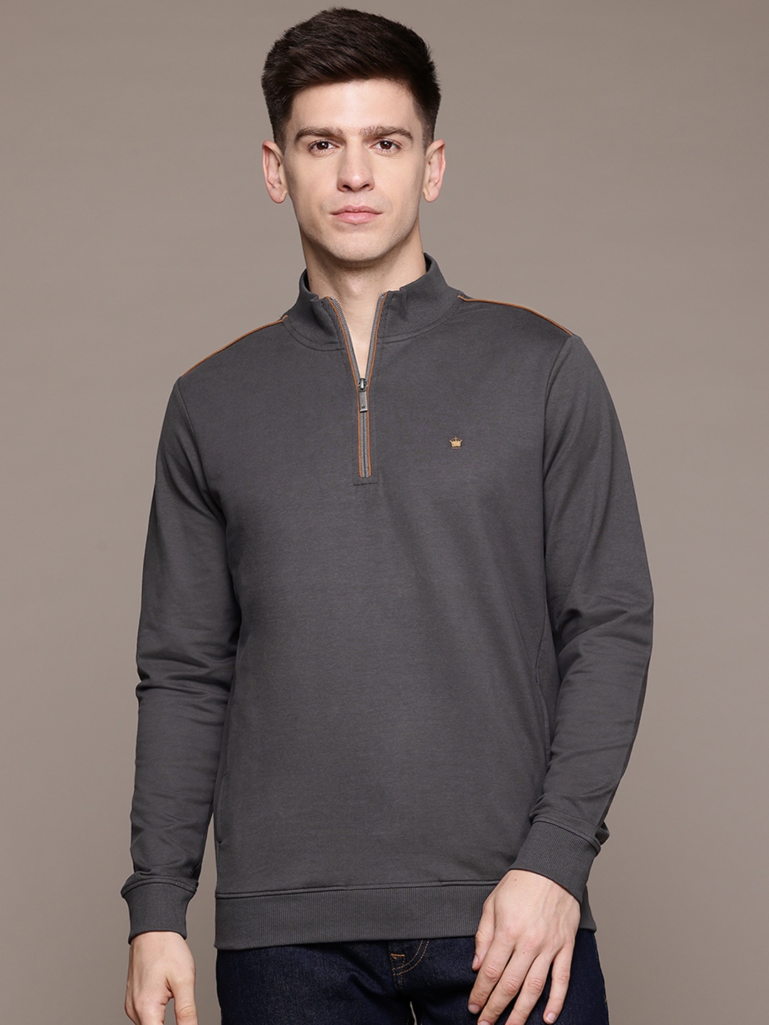 

Louis Philippe Mock Collar Half Zipper Pullover Sweatshirt, Grey