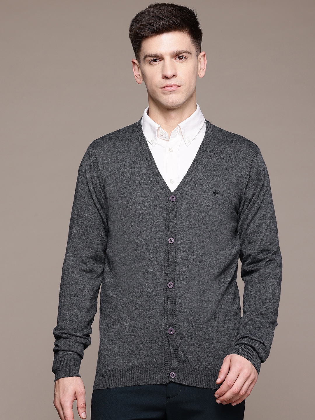 

Louis Philippe Brand-Logo Print Knitted Cardigan, Grey