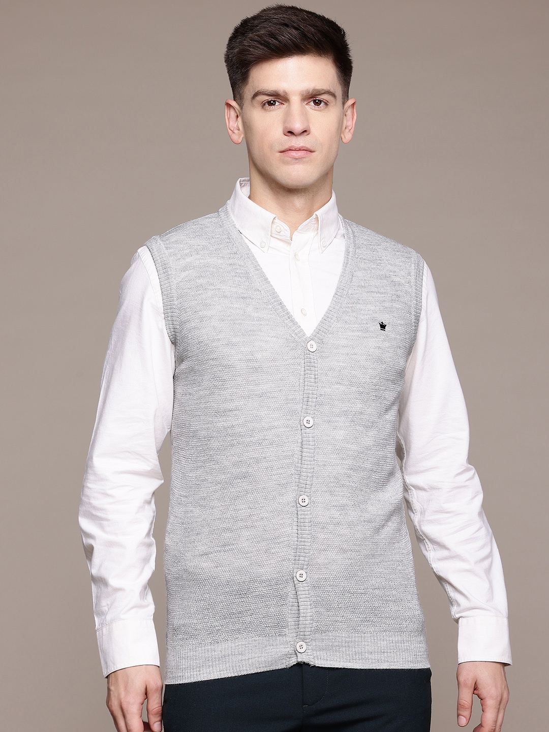 

Louis Philippe Brand-Logo Print Knitted Cardigan, Grey melange