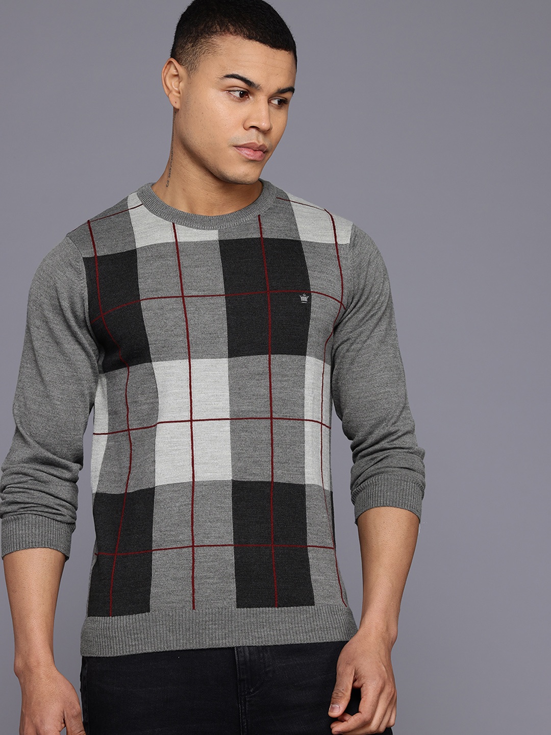 

Louis Philippe Checked Pullover, Grey